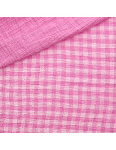 Crinkled double gauze fabric gingham - Candy and off-white