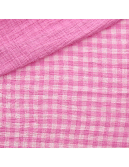 Crinkled double gauze fabric gingham - Candy and off-white
