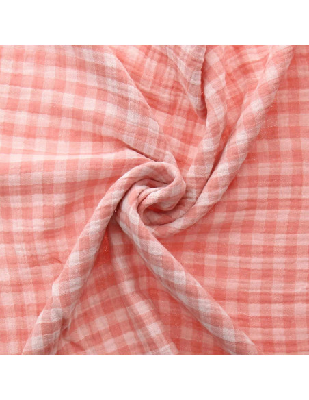 Crinkled double gauze fabric gingham - Cotton candy and off-white