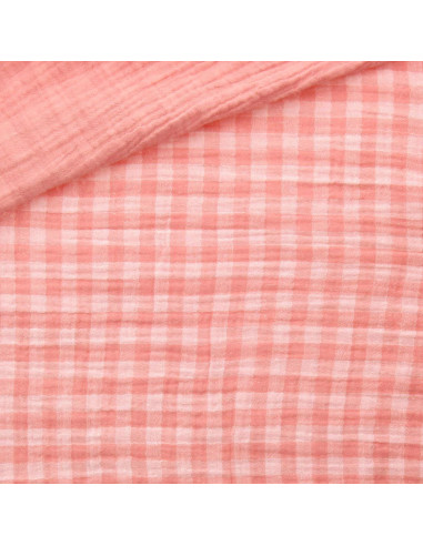 Crinkled double gauze fabric gingham - Cotton candy and off-white