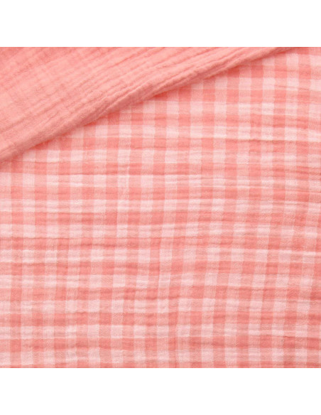 Crinkled double gauze fabric gingham - Cotton candy and off-white