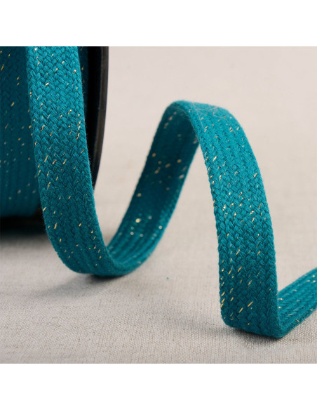 Flat braided lurex cord - Teal blue and gold