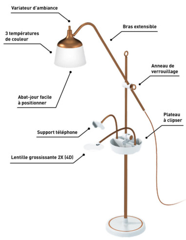 Floor lamp with magnifying glass, tray, and phone clamp Daylight Anita