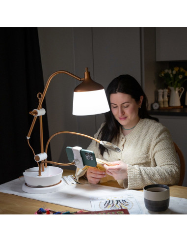 Lamp on table with magnifying glass, tray, and phone clamp Daylight Anita