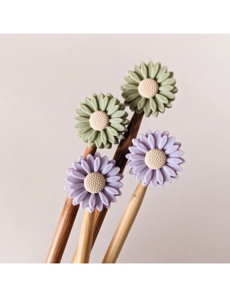 Set of 4 stitch stoppers for knitting needles - Lilac and sage daisy