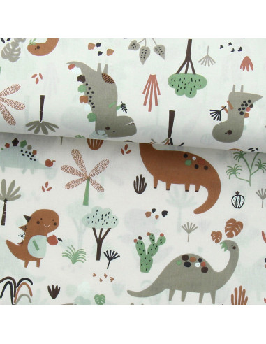 Brown dinosaur cotton poplin fabric