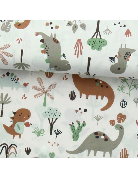 Brown dinosaur cotton poplin fabric