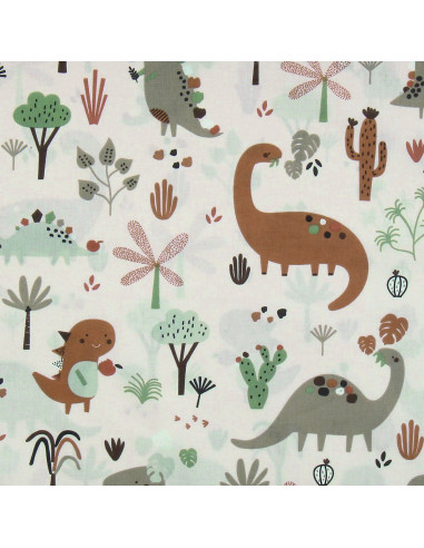 Brown dinosaur cotton poplin fabric