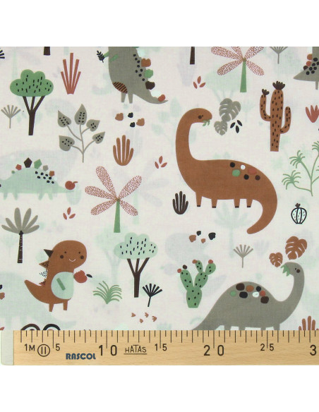 Brown dinosaur cotton poplin fabric