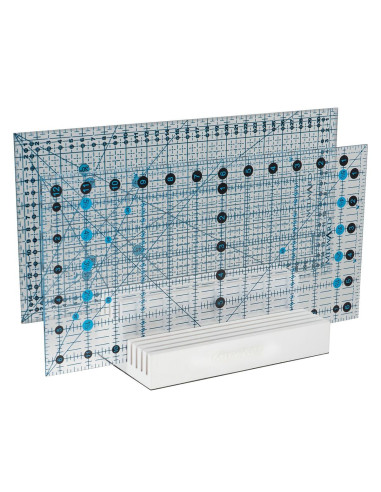 White wooden rack with 10 slots for patchwork rulers
