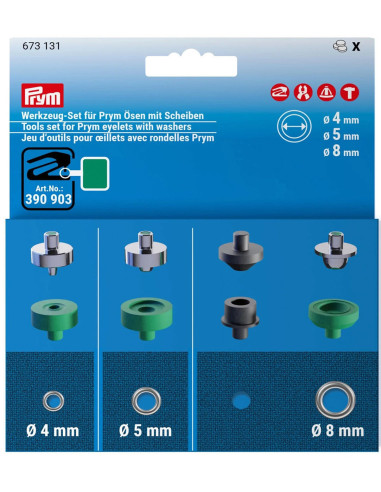 Eyelet tool kit with 4, 5, and 8 mm washers