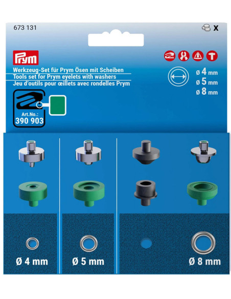 Eyelet tool kit with 4, 5, and 8 mm washers