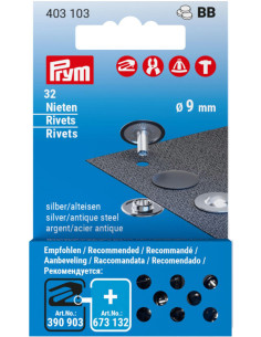 Pack of 32 rivets 9 mm - Silver and antique steel