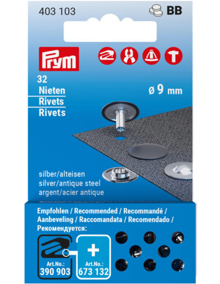 Pack of 32 rivets 9 mm - Silver and antique steel