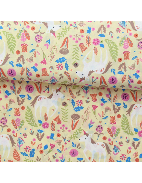 Yellow unicorn cotton poplin fabric