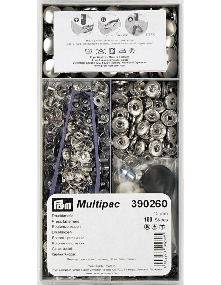 Multipack of 100 Anorak snap buttons - Silver 15 mm