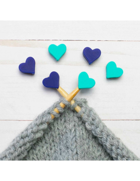 Stitch stoppers for knitting needles - Blue and green hearts