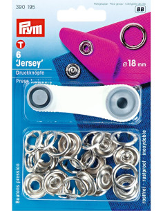 Box of 6 silver jersey snap buttons with 18 mm tool