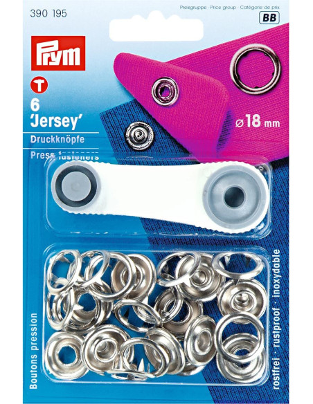 Box of 6 silver jersey snap buttons with 18 mm tool