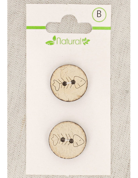 Natural wood 2-button card, 18 mm, 2 holes - Fishbone pattern
