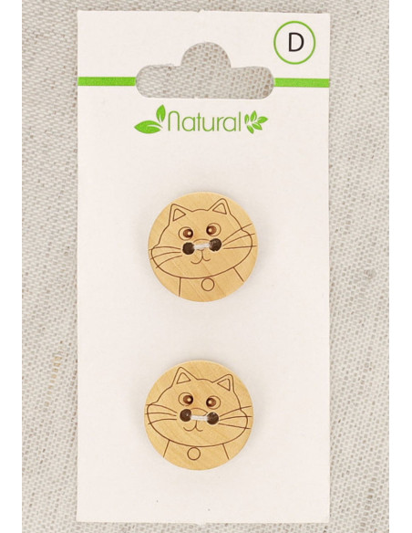 Natural wood button card, 18 mm, 2 holes - Cat