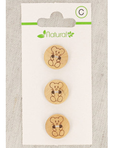 Card of 3 natural wood buttons 14 mm 2 holes - Mouse