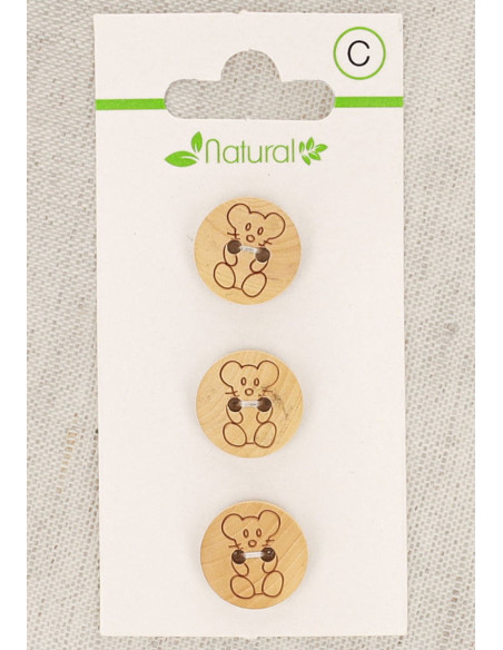 Card of 3 natural wood buttons 14 mm 2 holes - Mouse
