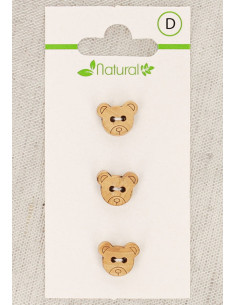 Card of 3 natural wood buttons 11 mm 2 holes - Bear head