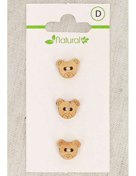 Card of 3 natural wood buttons 11 mm 2 holes - Bear head