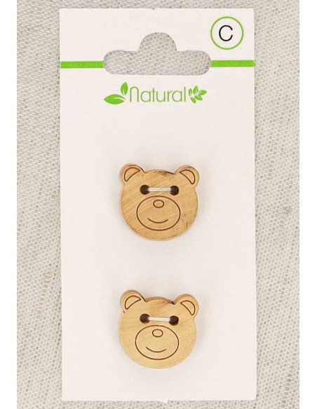 Natural wood 2-button card 18 mm 2 holes - Bear head