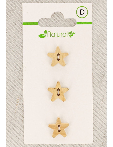 Card of 3 natural wood buttons 12 mm 2 holes - Stars