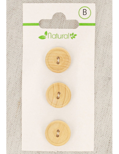 Card of 3 natural wood buttons 14 mm 2 holes - Round