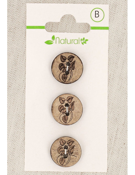 Card of 3 natural wood buttons 15 mm 2 holes - Leaves