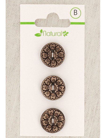 Card of 3 natural wood buttons 15 mm 2 holes - Arabesques