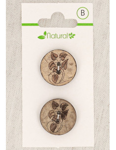 Natural wood 2-button card, 20 mm, 2 holes - Leaves