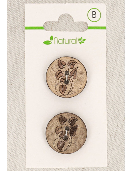 Natural wood 2-button card, 20 mm, 2 holes - Leaves
