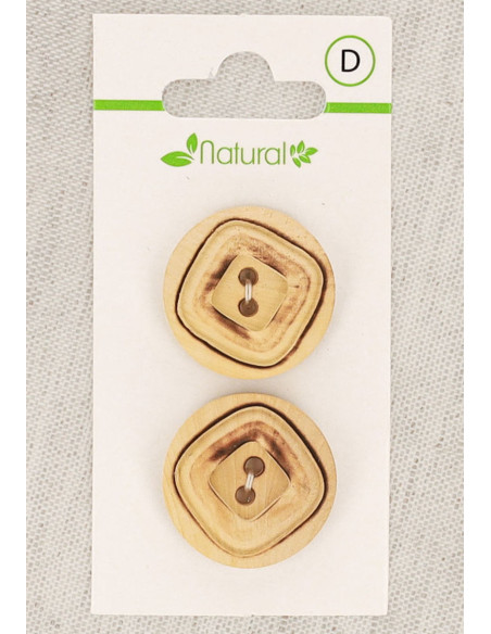 Natural wood 2-button card, 23 mm, 2 holes - Squares