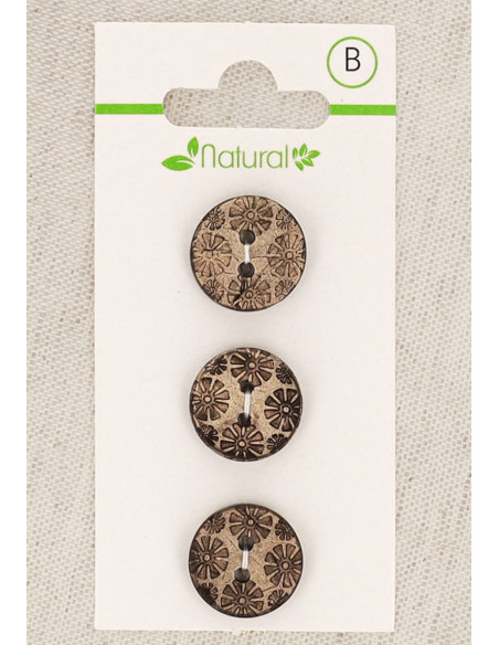 Card of 3 natural wood buttons 15 mm 2 holes - Fantasy