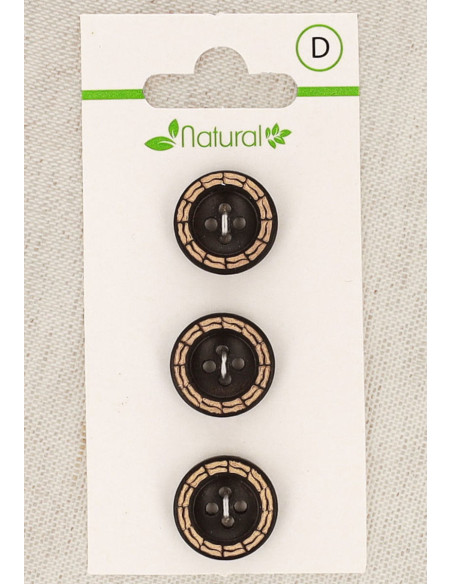 Card of 3 two-tone wooden buttons 15 mm 4 holes - Fantasy