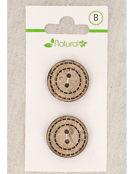 Natural wood 2-button card, 20 mm, 2 holes - Dotted circles