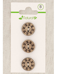 Card of 3 natural wood buttons 15 mm 2 holes - Round