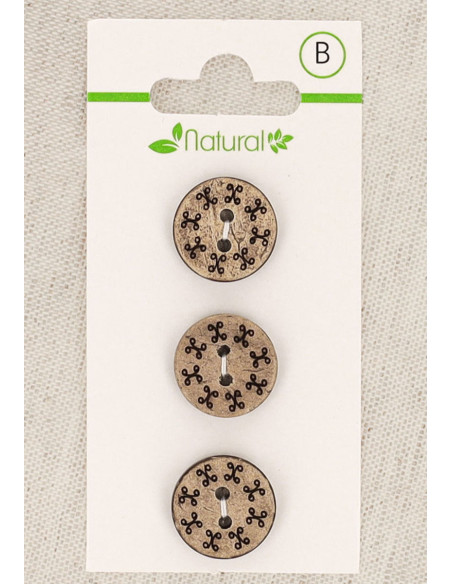 Card of 3 natural wood buttons 15 mm 2 holes - Round
