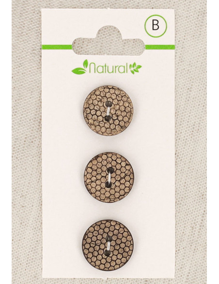 Card of 3 natural wood buttons 15 mm 2 holes - Honeycomb