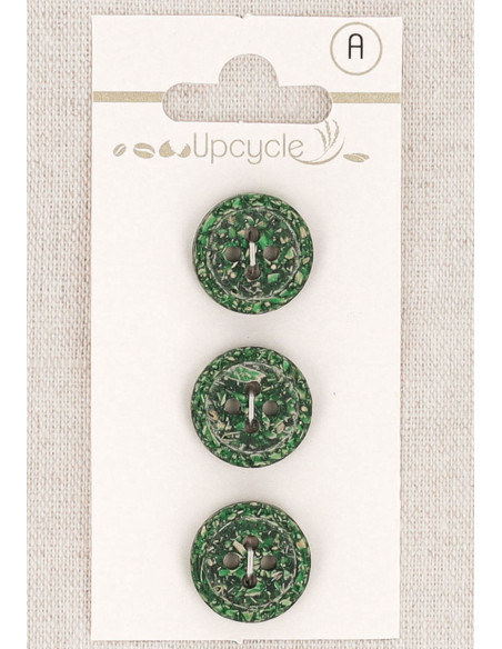 Card of 3 green 15 mm buttons with 4 holes - Rolled rice grains
