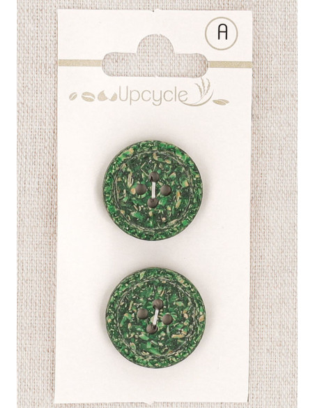 Card of 2 green 20 mm buttons with 4 holes - Rolled rice grains