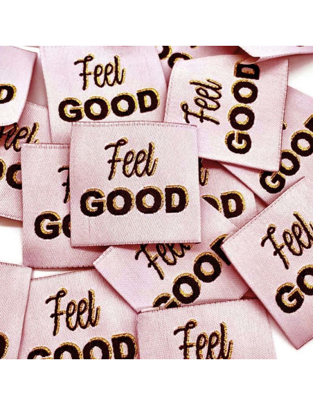 Set of 5 woven sew-on labels Feel Good pink lurex