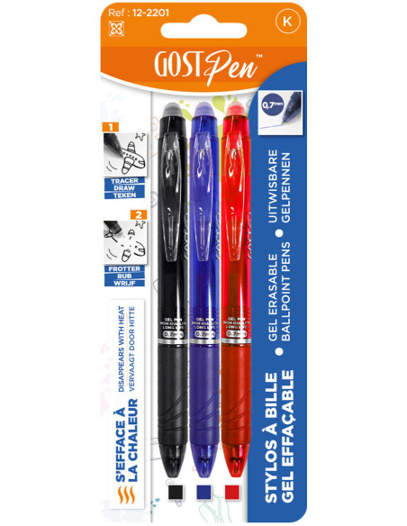 Set of 3 heat erasable ballpoint pens - Black, red, and navy blue