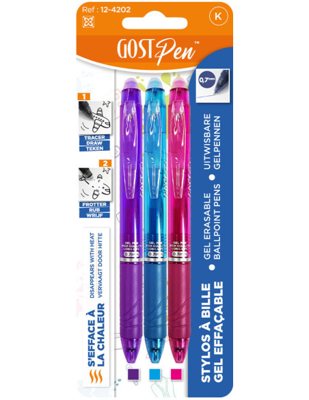 Set of 3 heat erasable ballpoint pens - Purple, turquoise, fuchsia