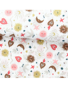 Cotton poplin fabric - Mystia white and coral