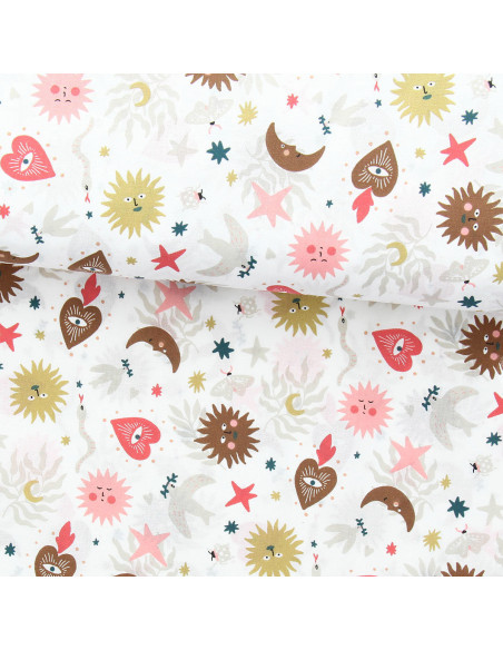Cotton poplin fabric - Mystia white and coral